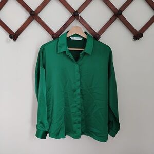Zara Womens office blouse  Green dressy Button Down Shirt